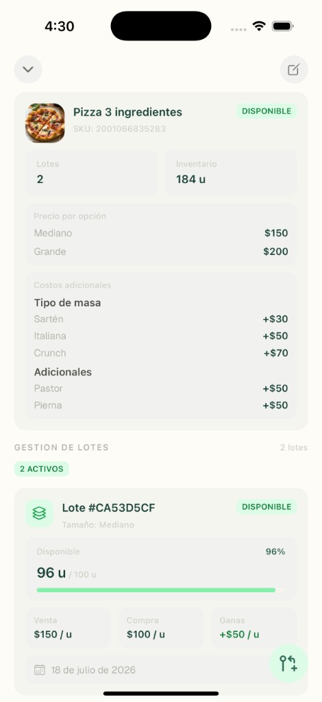 PuntoFast — detalle de producto con lotes y variantes